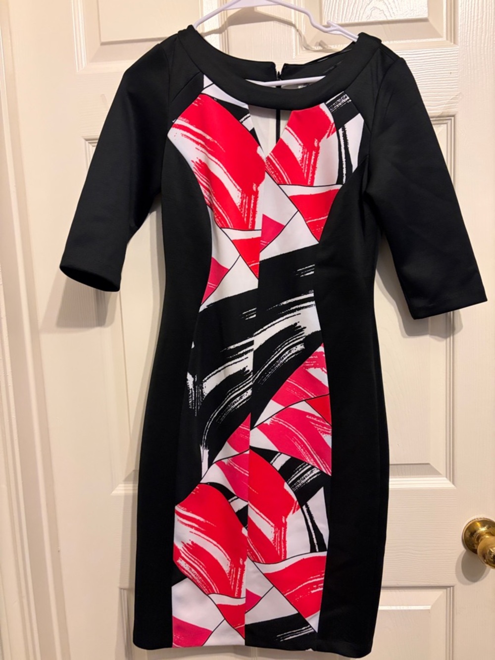 Signature by Sangria Black Midi Dress with Red and White Graphic Panel